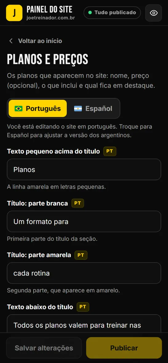 Painel no celular: edição dos planos e preços, com os botões Salvar alterações e Publicar